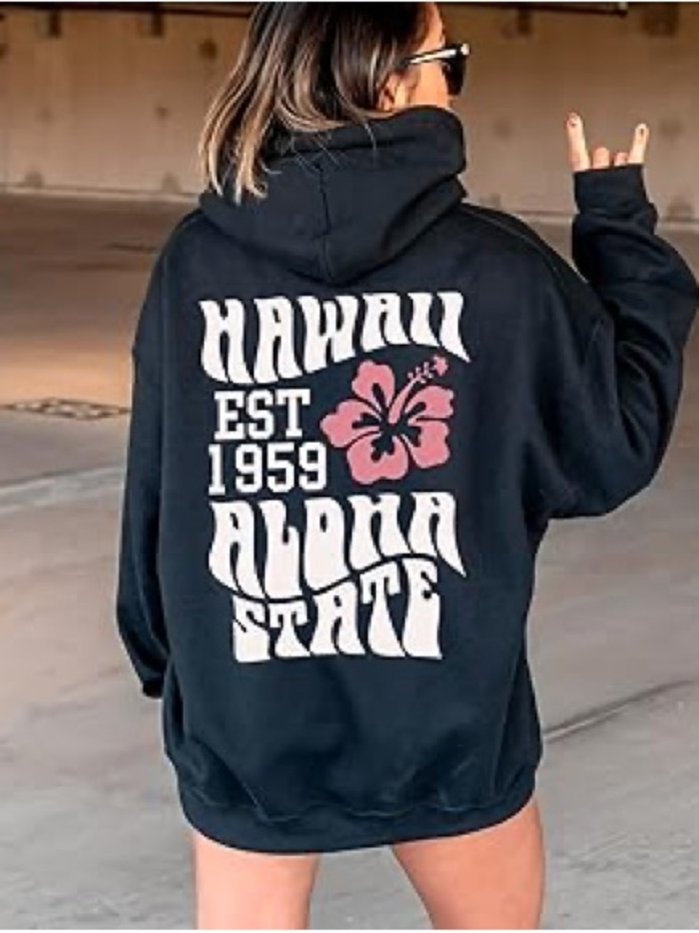 Amazon Hoodie - Black Hawaii 'Aloha State' Graphic Hoodie with Pink Hibiscus